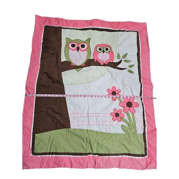 Pink Owl Baby Blanket Crib Quilt 42x34 Reversible Striped Back Nursery Decor - Picture 4 of 4